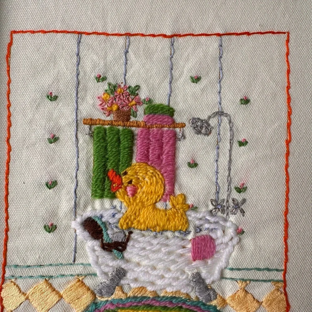 80s Hand Embroidered Framed Rubber Ducky Wall Art Unisex‎ 9x11 Yellow Nursery